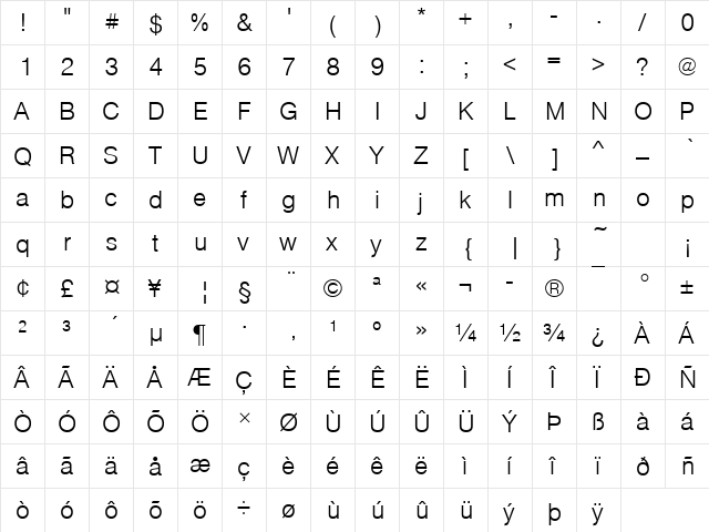 Nimbus Sans Becker TLig Regular  glyph index