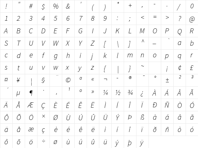 Source Sans Pro Light Italic  glyph index