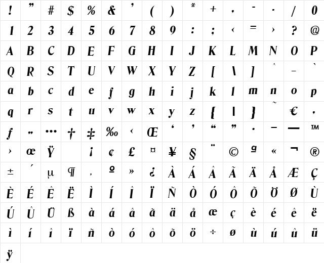 Denver-BoldIta Regular  glyph index