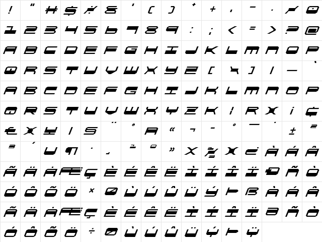 QuickGear Super-Italic Italic  glyph index
