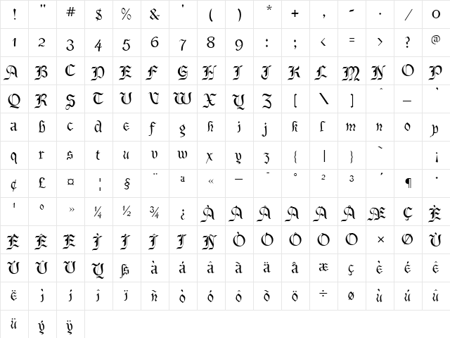 BeneCryptine Regular  glyph index