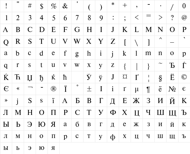 NewtonCTT Regular  glyph index
