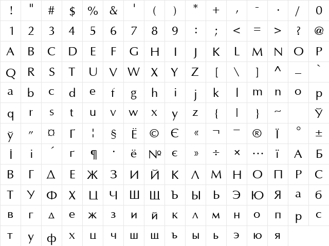 Optima Cyr Regular  glyph index