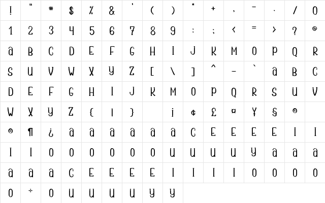Berila PERSONAL USE Regular  glyph index