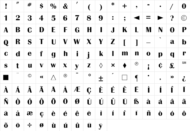 CgBritanniaBold Regular  glyph index