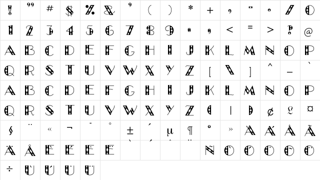Manege Regular  glyph index