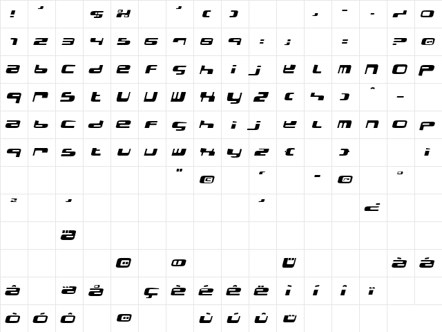 ElectrobazarItalic Regular  glyph index
