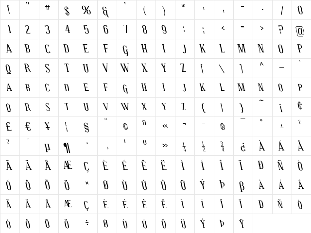 Covington SC Rev Italic  glyph index