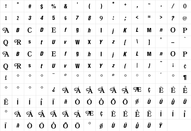 Flyerfonts Sunday  glyph index