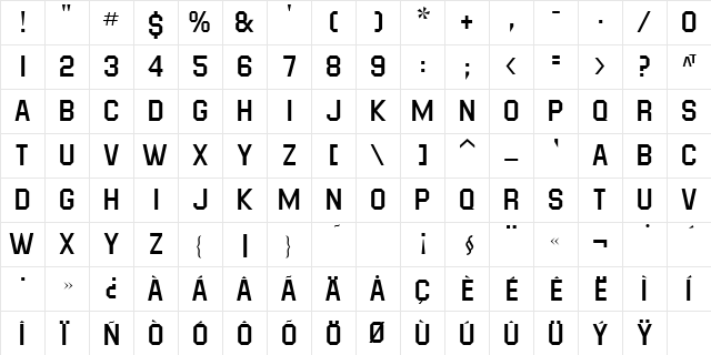 Masheen Regular  glyph index