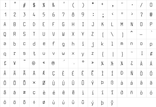Larabiefont Condensed Regular  glyph index