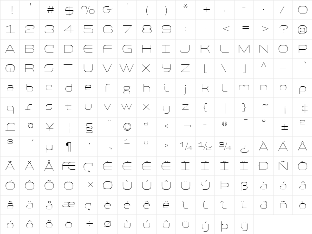 PF Baseline Pro ExtraThin  glyph index
