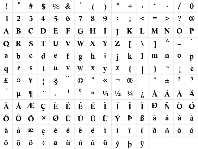 Life Bold  glyph index