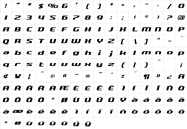 SF Quartzite Extended Oblique  glyph index