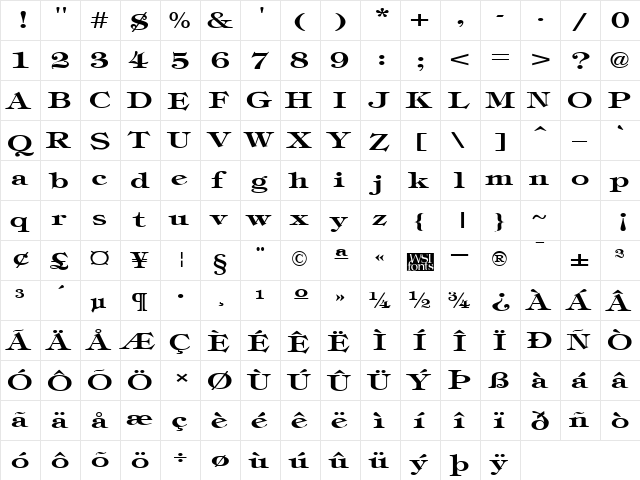 TimbrelBroad Bold  glyph index