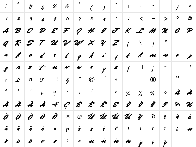 Swash Regular  glyph index