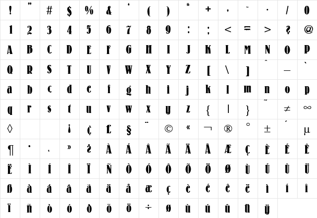 LouisCond Bold  glyph index