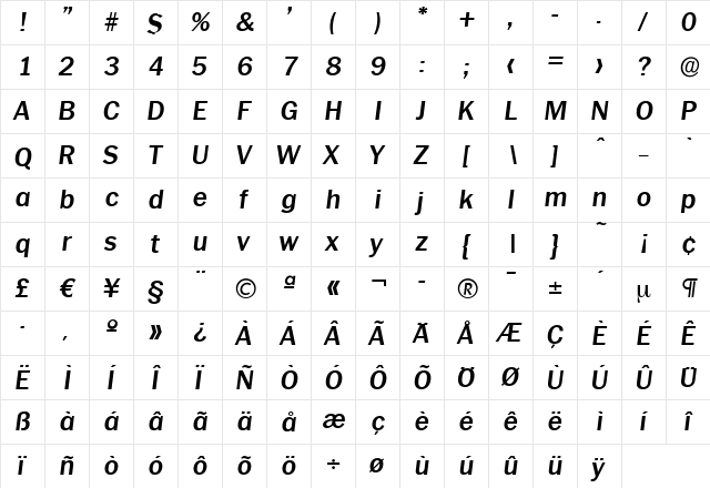 CarlBecker Bold Italic  glyph index