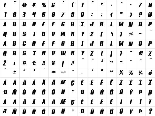 Rumble Tumble Expanded Italic Expanded Italic  glyph index
