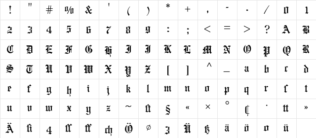 Engravers Old English BQ Regular  glyph index