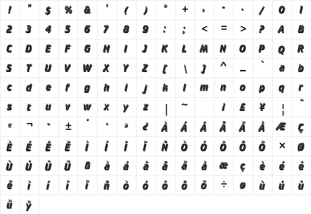 Crillee Italic Inline Shad Std Regular  glyph index