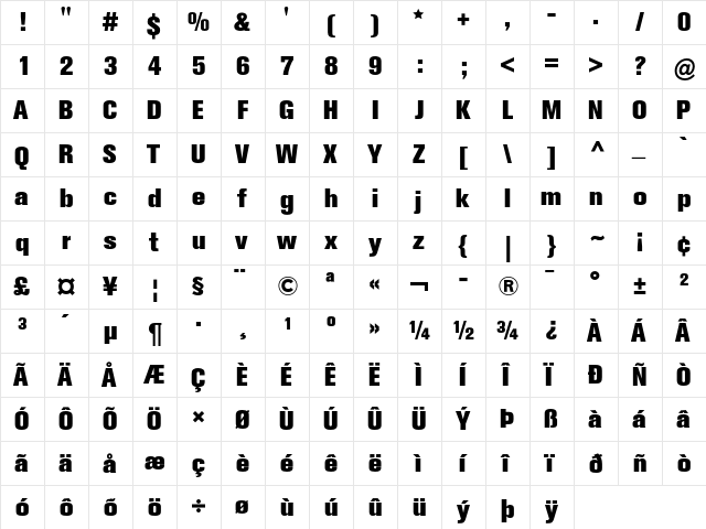 Berthold Akzidenz Grotesk Extra Bold  glyph index