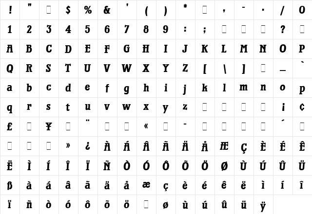 Waterloo-Bold Bold  glyph index