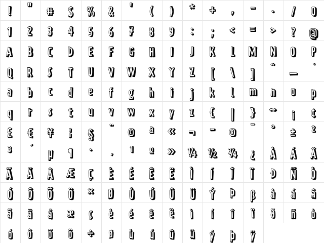 PraterBlockOne-Regular Regular  glyph index