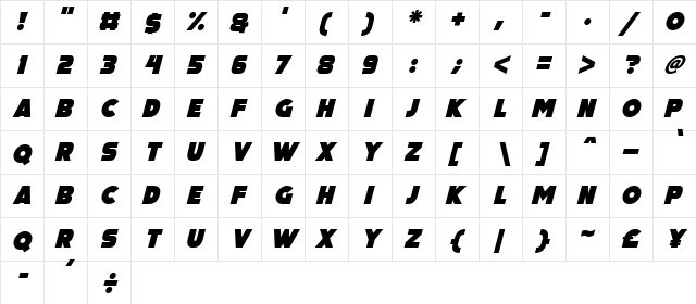 Big Black Bear Italic  glyph index