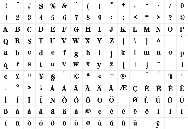 ValenciaLH Bold  glyph index