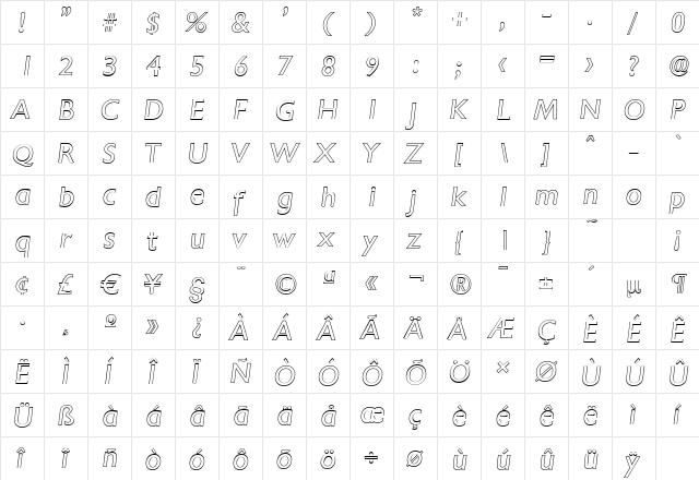 ChantillyOutline Italic  glyph index