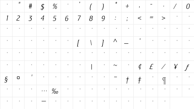 LesmoreLightCondensedItalicTab Regular  glyph index