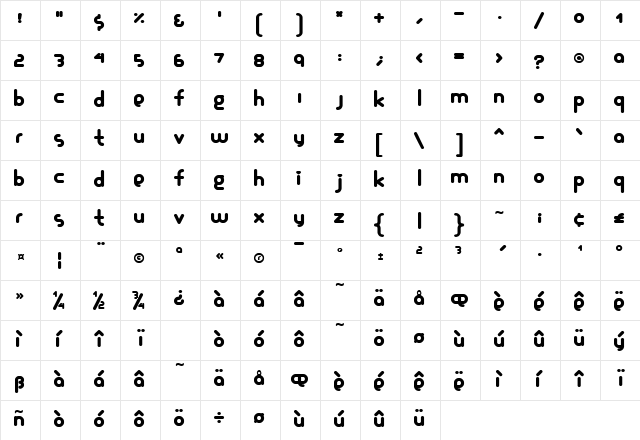 Glamourgirl Regular  glyph index