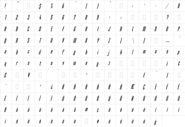 Mekanik Italic Plain  glyph index