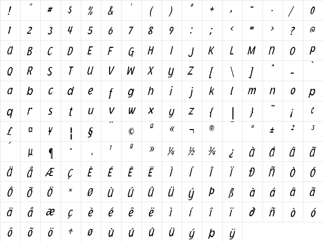 Jacoby Medium Italic  glyph index