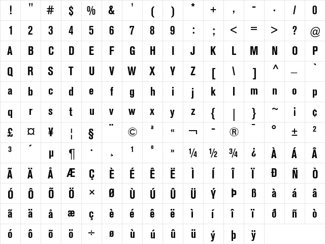 Berthold Akzidenz Grotesk Bold Condensed  glyph index