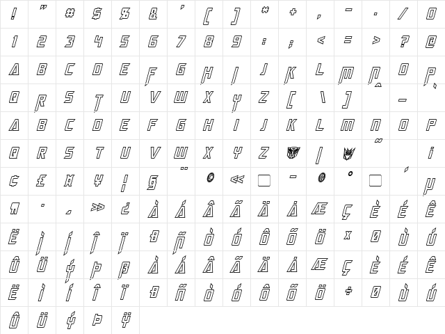 Megatron Hollow Condensed Italic  glyph index