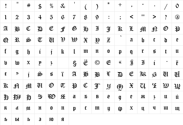 Encient German Gothic Regular  glyph index