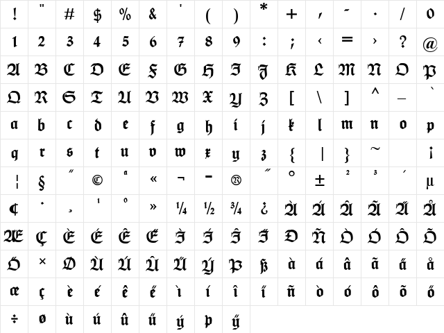 HumboldtFrakturUNZ1A Regular  glyph index