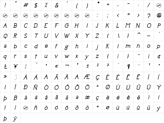 Uptown Elegance Bold Italic  glyph index