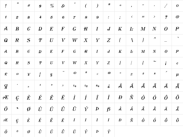 Koster Plain Caps Oblique Regular  glyph index