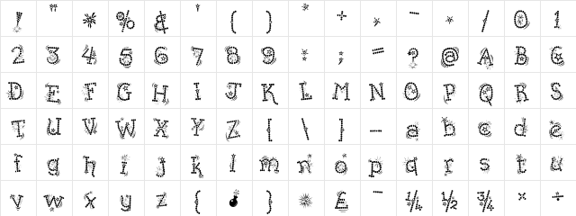 Kingthings Whizzbang regular  glyph index
