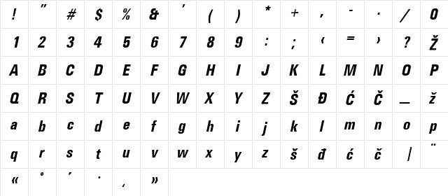 Universans670_PP Bold  glyph index