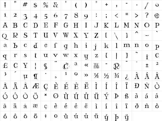 Mary Jane Larabie Regular  glyph index