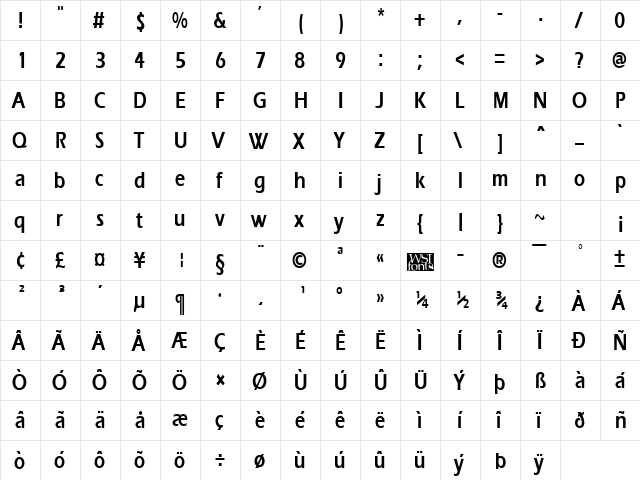 ErgoeCondensed Bold  glyph index