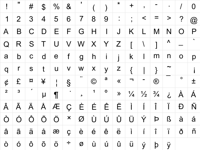 Arial Regular  glyph index