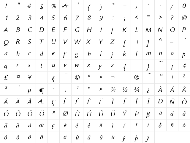 Legacy Sans ITC Regular  glyph index