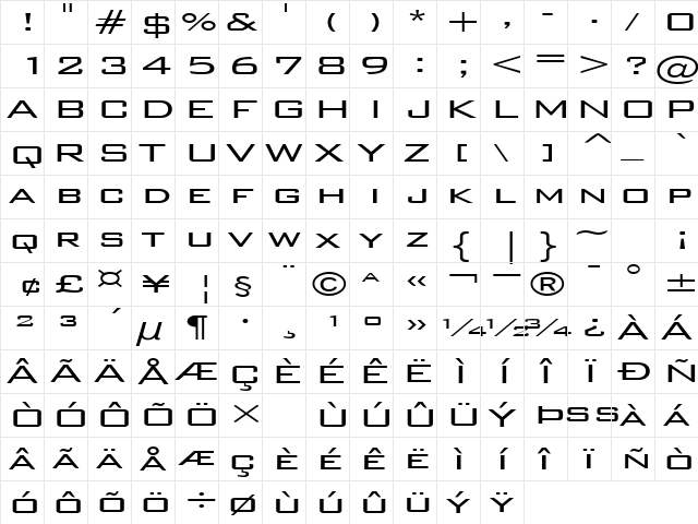 WallStreetExtended Regular  glyph index