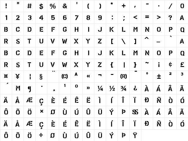 PF Stamps Pro Solid  glyph index