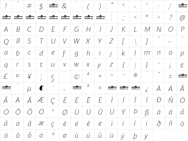 Blacker Sans Trial Extralight Italic  glyph index